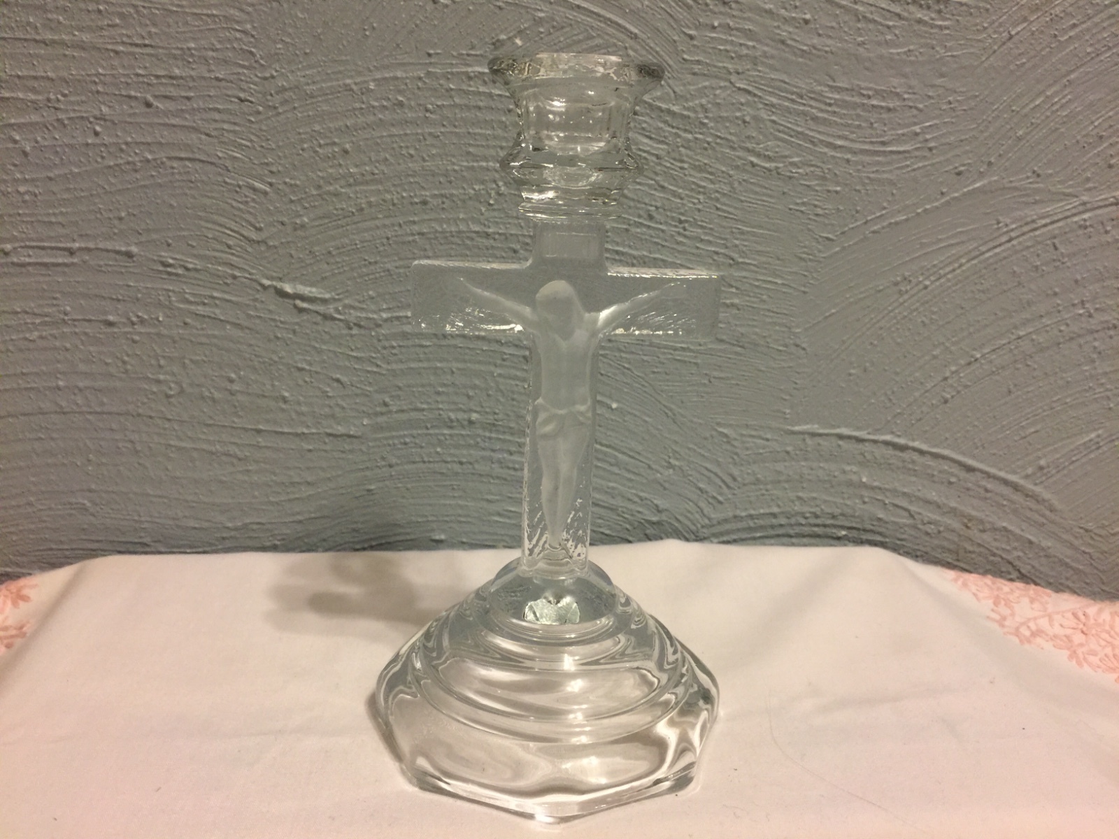 Vintage Pegged CLEAR GLASS Votive Cup Candle Holders Crucifix Cross