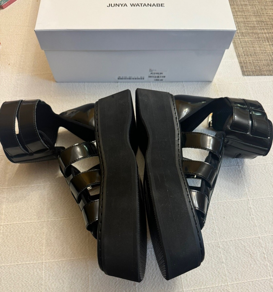 JUNYA WATANABE Glossy Black Leather Buckle Cuff Platform Sandals