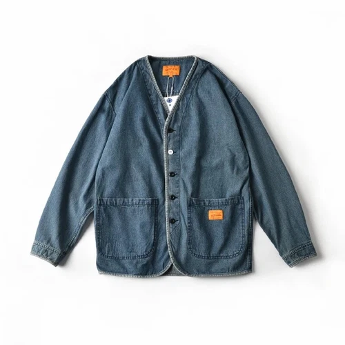 Japanese Harajuku Streetwear Denim Kimono Button Up Collarless Jacket 2 Pockets - product listing photo