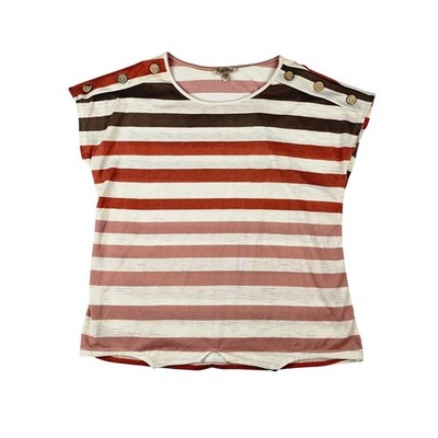 Lavish Striped Button Shoulder Knit Top Women L Brown Rust Cream Short Sleeve