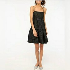 J.Crew Black Floral Jacquard Tiered Mini Dress Square Neck Spaghetti Strap 10