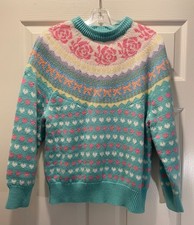 Vintage Fair Isle Pastel Heart Bow Sweater Grandmacore Cabin Cottage - Size M