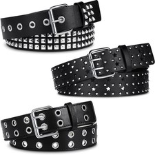 3 Pieces Studded Belt Punk Rivet Double Grommet Belt Faux Leather Gothic Goth...