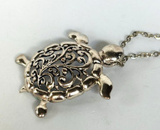 Silver Tone Ornate Sea Turtle Pendant Chain Necklace 28"