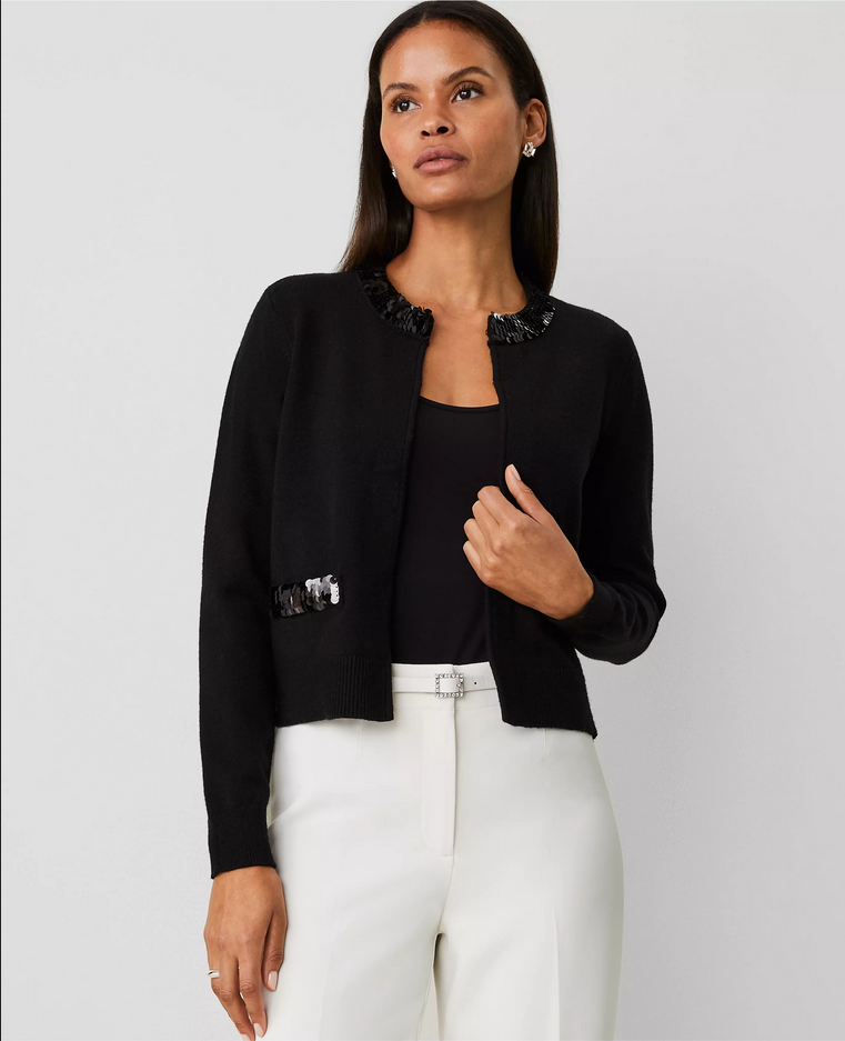 Cardigan pull ouvert à paillettes Ann Taylor Loft Dolman S noir neuf