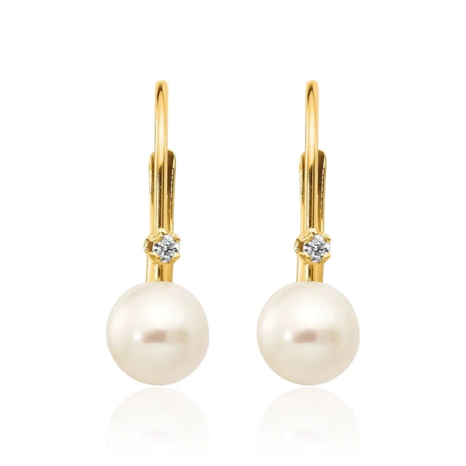 14K Solid Yellow Gold 5mm White Round Freshwater Cultured Pearl Diamond Dangl... - Image 2 of 4
