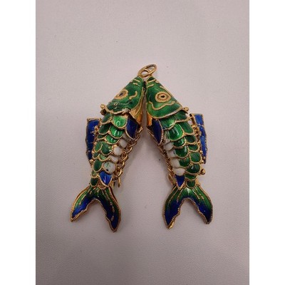 Vintage Chinese Articulated Cloisonne Enamel Double Fish Koi Pendant Green Blue