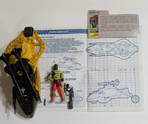 1988 G.I. Joe DARKLON'S EVADER Vehicle + FIGURE, file card, Hasbro VINTAGE ARAH