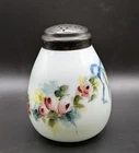 Vtg Hand Painted Florals White Milk Glass Sugar/Powder Shaker Metal Screw On Lid