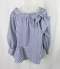 Silvia Tcherassi Women's Blue White Striped Cotton Bow Accent Perigi Shirt Top S