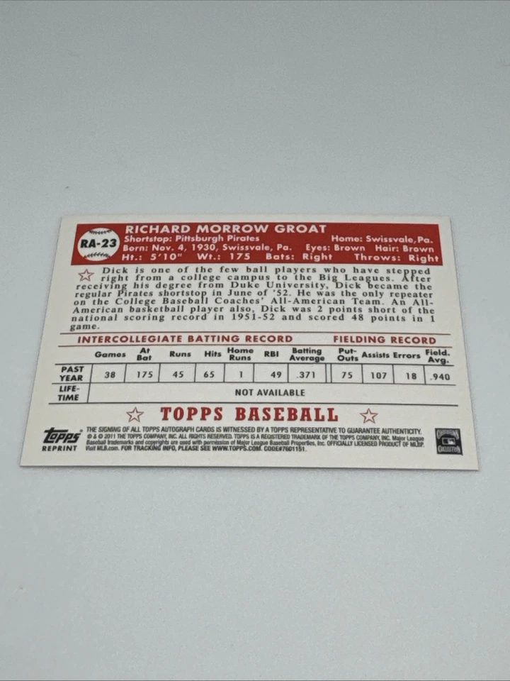 Autógrafo Topps Black Wrapper Redemption 2011 Dick Groat #RA-23 Piratas 3/60 Foto 3 de 4