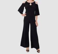 Msk Women's Black Rhinestone Trim Cold Shoulder Wide-Leg Jumpsuit Size L