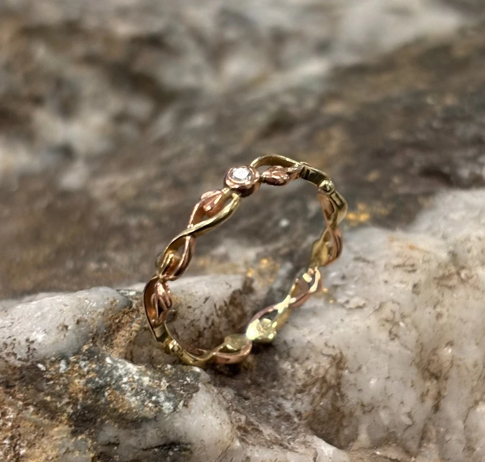 Clogau 9ct Yellow & Rose Gold Tree of Life Diamond Stacking Ring Size P Rare - image 3 of 4