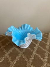 Vintage White Milk Glass Cased Blue Hobnail R...