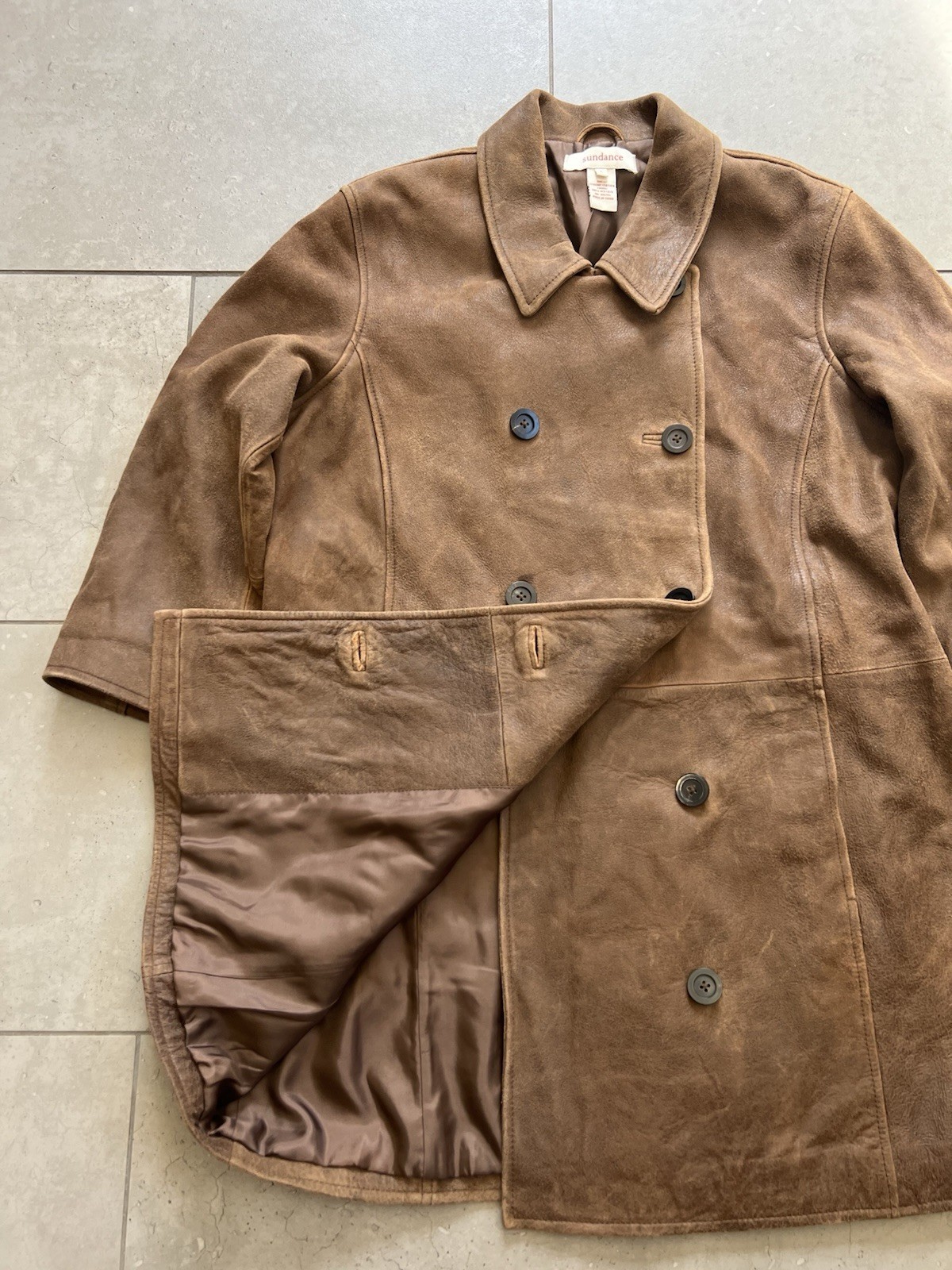 Sundance Weathered Brown Leather Peacoat Jacket Womens Sz Large Heavy Coat image 10