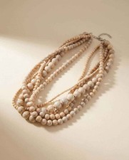 Vintage Five Strand Marbled Beige Beaded Necklace Neutral Statement Necklace