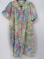 VTG Pastel Floral House Dress Snap Front Lounge Dress Duster Muumuu Pockets L