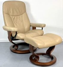 Ekornes Stressless Medium CONSUL "Sand" Leather Swivel Recliner Chair & Ottoman