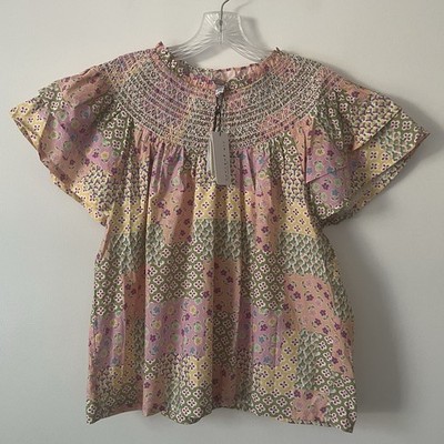 Anthropologie Current Air Floral Patchwork Block Print Blouse Top L Boho Hippie