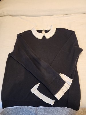 CeCe Sweater XL Black with White Pearl-Trim Collar Accent Classy Long Sleeve