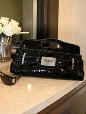 VTG Y2K Guess Black Patent East West Oversized Clutch Purse | Chrome Accents