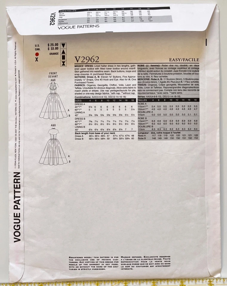 Vestido halter de noche diseño original 1957 Vogue V2962 tallas 4-6-8-10 UC FF Foto 2 de 3