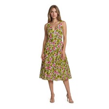 Talbots Dress 100% Cotton Women's Size 16 Green Floral Rose V Neck Midi