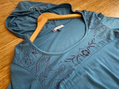 Ibex Merino Wool Knit Hooded Blue Nature Detail 3/4 Sleeve Top Women s L