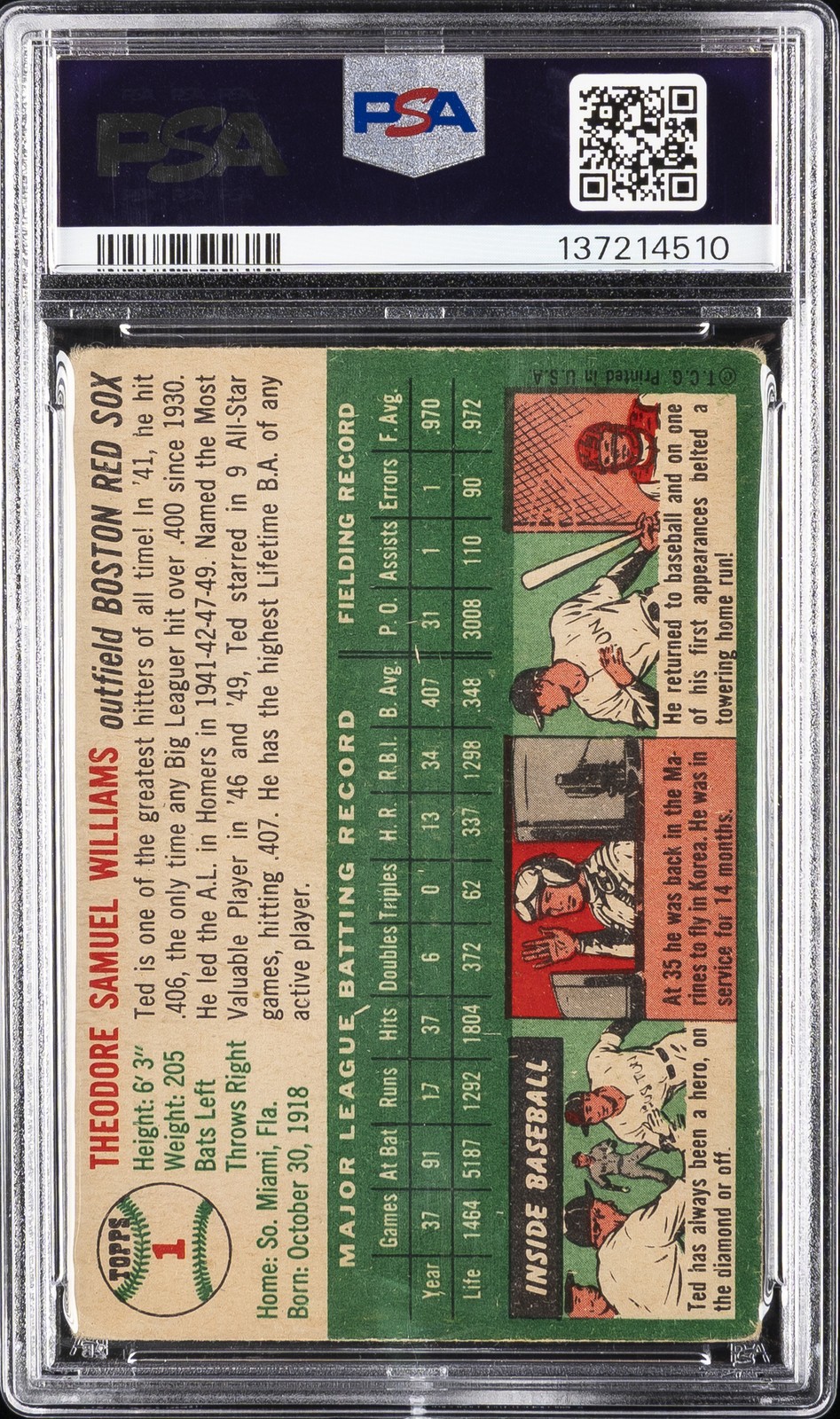 1954 TOPPS #1 TED WILLIAMS PSA 2 view 2