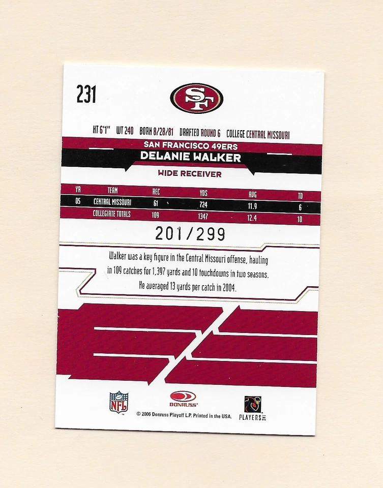 2006 Delanie Walker ROOKIE Leaf R & S #201/299 San Francisco 49ers #231 - Image 2 of 2