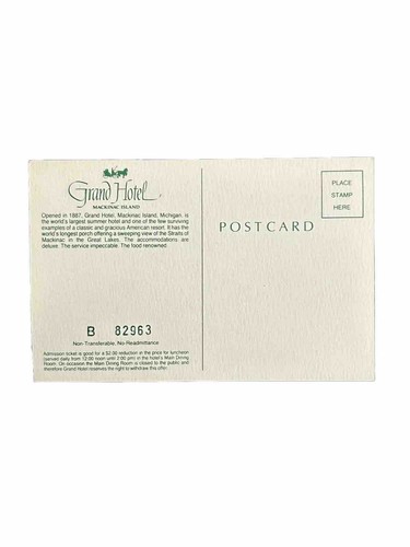 Grand Hotel - Mackinac Island, Michigan Postcard/Meal Reduction Ticket. Vintage - Picture 2 of 2