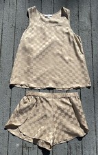 Lunya Washable 100 Silk Shorts Tank PJ Set Joyful Gold Checkered Jacquard Sz M