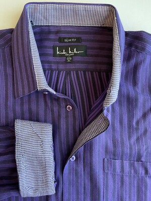 NICOLE MILLER LS button shirt men XL 17.5 34/35 Slim Fit purple stripe flip cuff