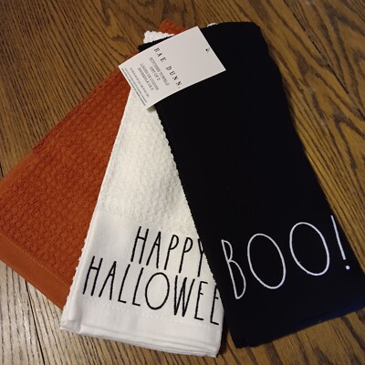 Rae Dunn HALLOWEEN Kitchen Towels - Waffle Knit Black White Orange  3 Pack!