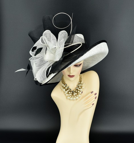 M22020(White Black)Kentucky Derby Church Wedding Wide Brim Sinamay Dress Hat - Picture 2 of 7