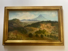 VINTAGE  OIL PAINTING PLEIN AIR LANDSCAPE IMPRESSIONIST VILLAGE VOLCANO VIEW