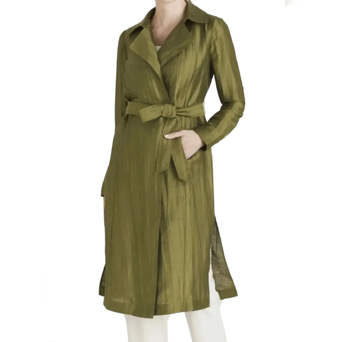 Chicos Crinkled Linen Trench Jacket Size 2 US L Green | eBay