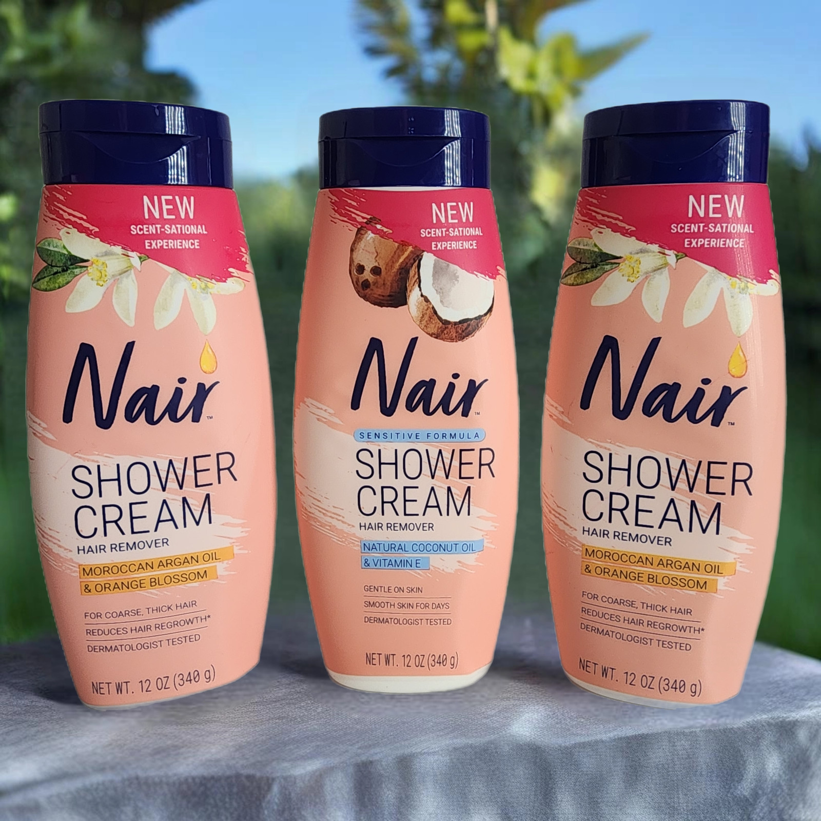 Mixed LOT OF 3 Nair Shower Cream Hair Remover Natural Coconut Argan Oil 12 oz ea