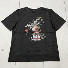 Black Short Sleeve Christmas Reindeer Front Graphic T-shirt Womens Size Large