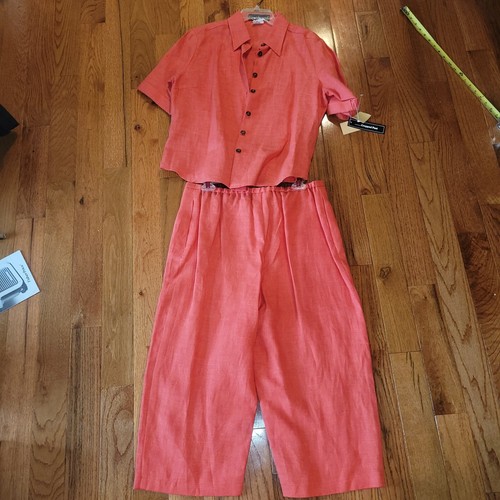 Harve Bernard Womens Linen Pant Suit - Coral Pink Crop Pants & Top - Sz Large