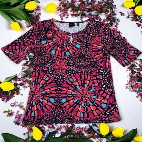 NEW Raefaella Pink and Blue Floral Three Quarter Sleeve Blouse Size S