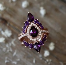 3 pc SIZE 6 Deep Purple Amethyst Pear Halo Ring Set Zircons Gemstones