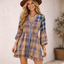 Cato Womens Large Shirt Dress Mixed Plaid Western Boho Distressed Hem Pockets