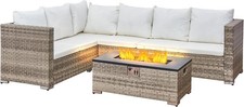 Image of 6-Seater Rattan Garden Furniture Set with Fire Pit Table Grey Wicker White