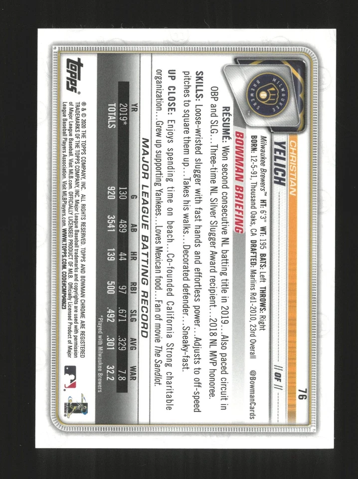 2020 Bowman Chrome CHRISTIAN YELICH #76 💎 Gold Refractor /50 - Image 2 of 2