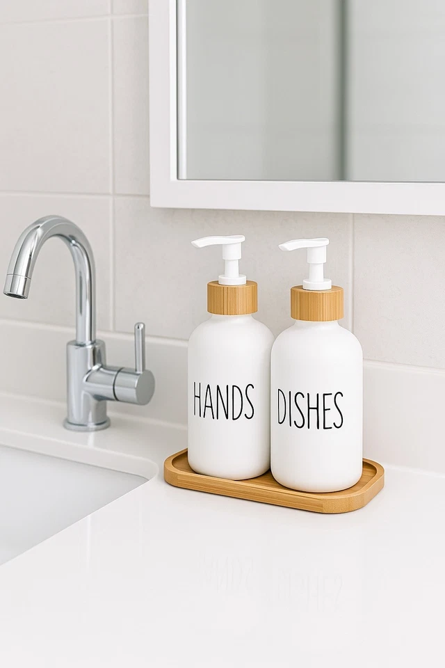 Pack de 2 Dispensadores de Jabón de Vidrio 500ml con Bomba para Cocina Baño + Bandeja Foto 4 de 4