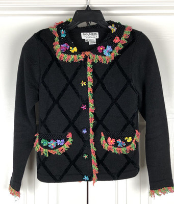 Jack B Quick Cardigan Sweater Petites Small Black Colorful Fringe Embroidered