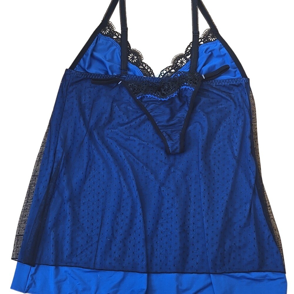 NWT Set- Babydoll Slip Chemise & Thong Blue & Black Polka Dot Goth Lace Medium image 5