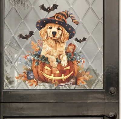Halloween Hund Fensteraufkleber - süßer Welpe mit Hexenhut & Kürbisstab Vinyl UK
