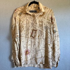Linda Allard For Ellen Tracy W Sz 2 VTG Cream Silk Button-Down Blouse Maps Print